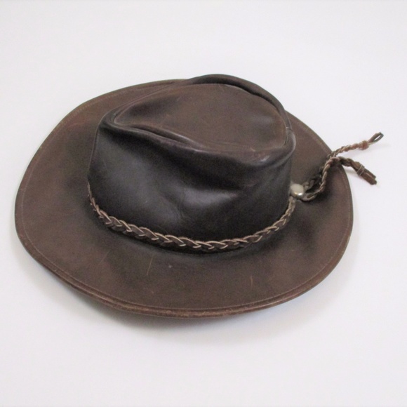 Vintage Other - Vintage Leather Panama Hat Dark Brown Braided Trim